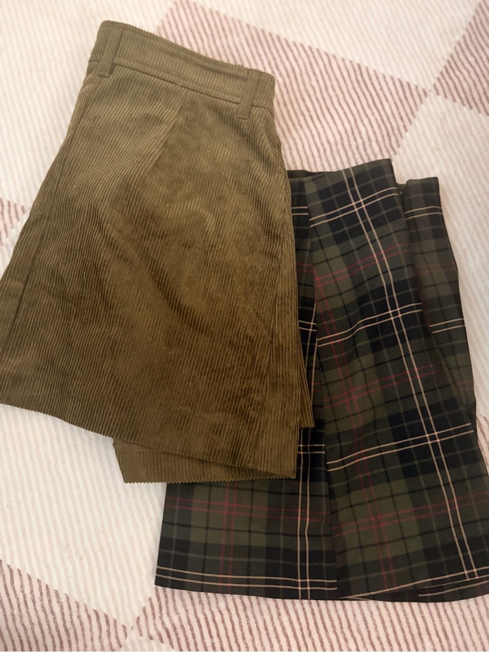 Olive Corduroy & Plaid Mini Skirts